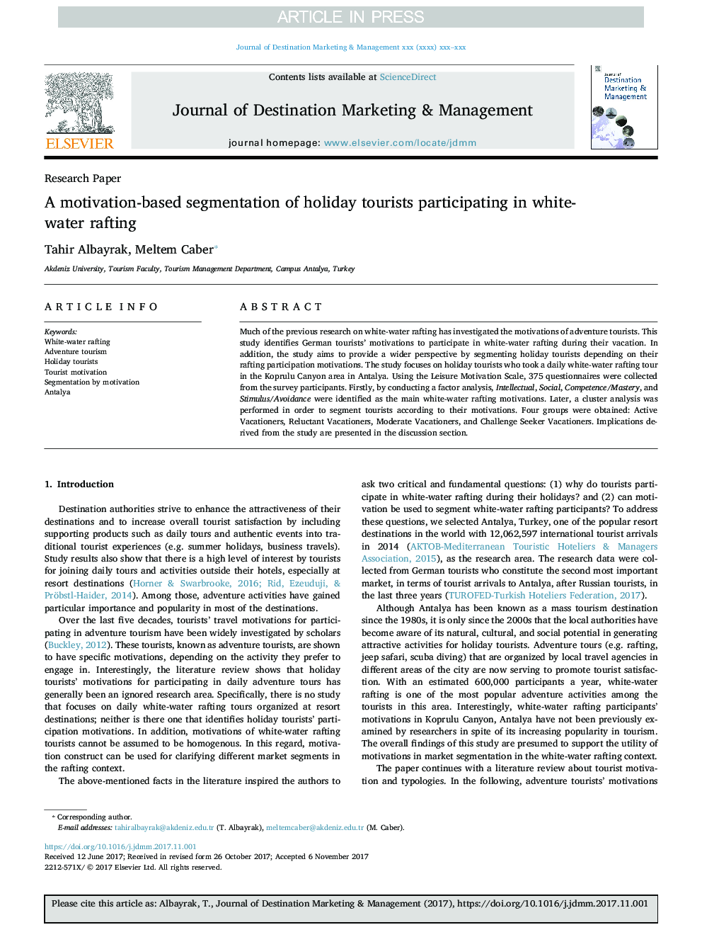 A motivation-based segmentation of holiday tourists participating in white-water rafting