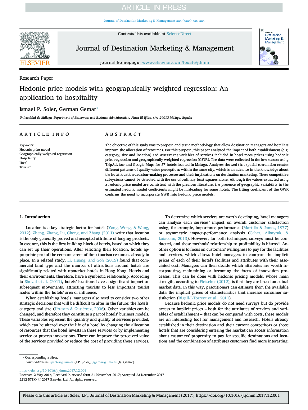 Hedonic price models with geographically weighted regression: An application to hospitality