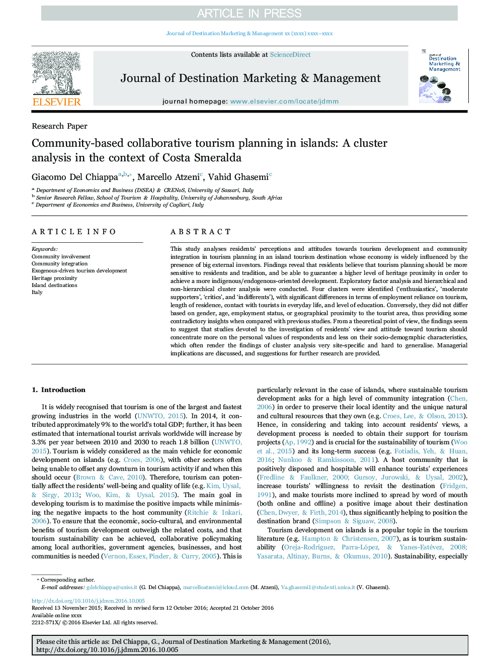 Community-based collaborative tourism planning in islands: A cluster analysis in the context of Costa Smeralda