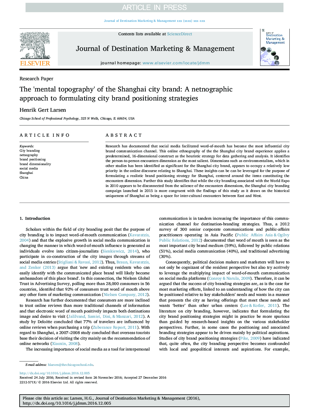 The 'mental topography' of the Shanghai city brand: A netnographic approach to formulating city brand positioning strategies