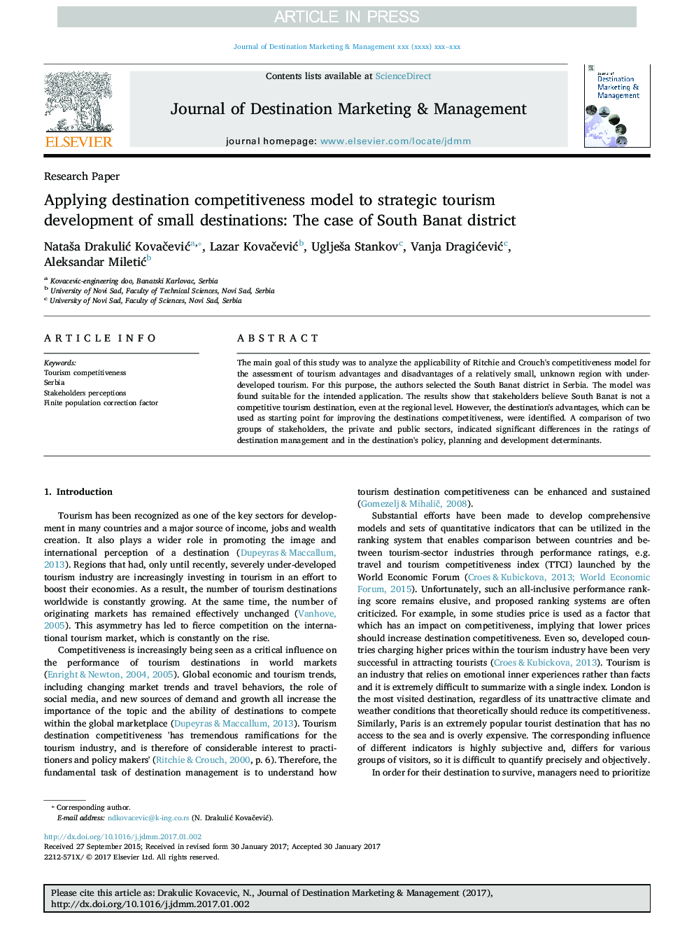 Applying destination competitiveness model to strategic tourism development of small destinations: The case of South Banat district