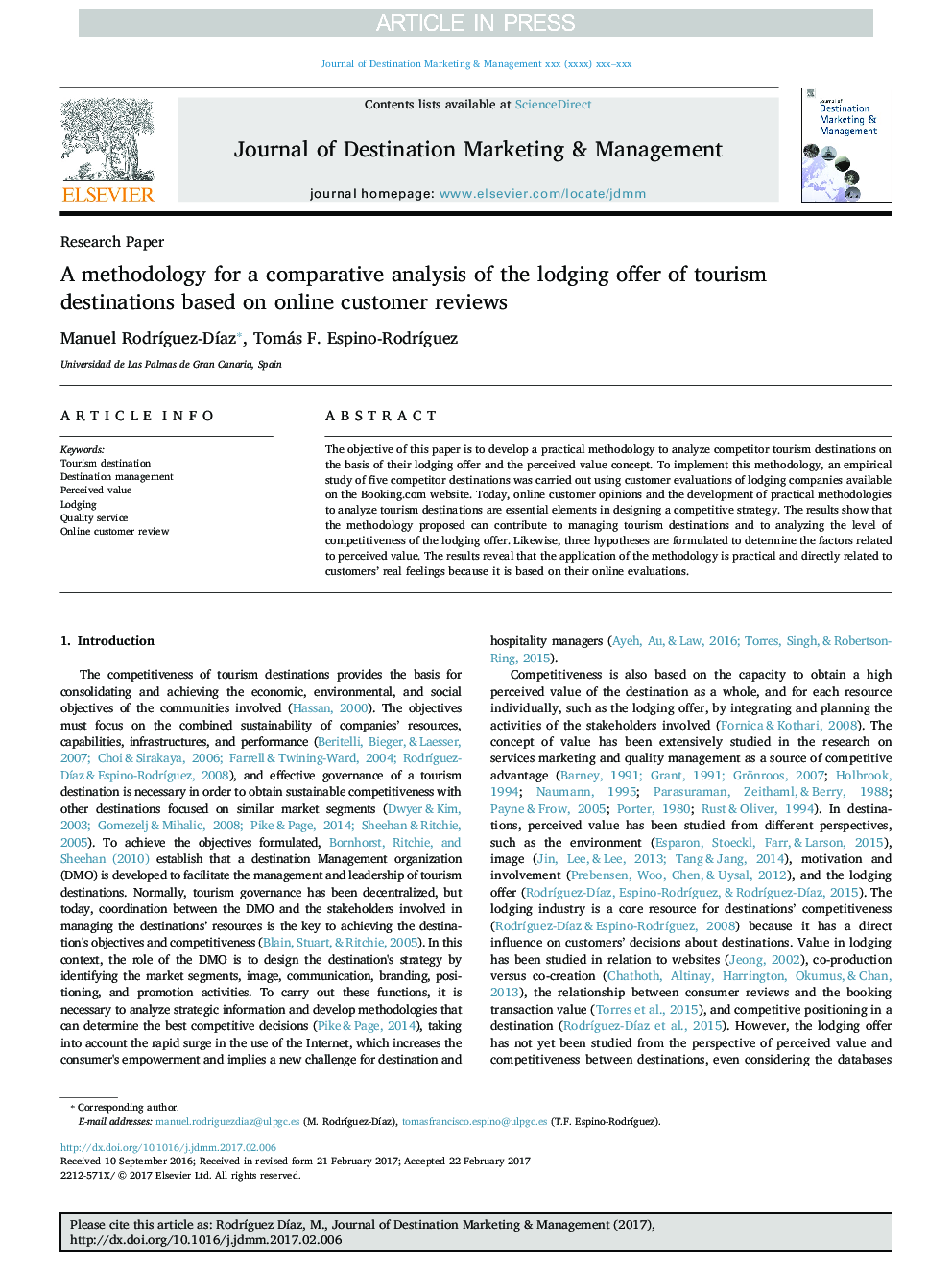 A methodology for a comparative analysis of the lodging offer of tourism destinations based on online customer reviews