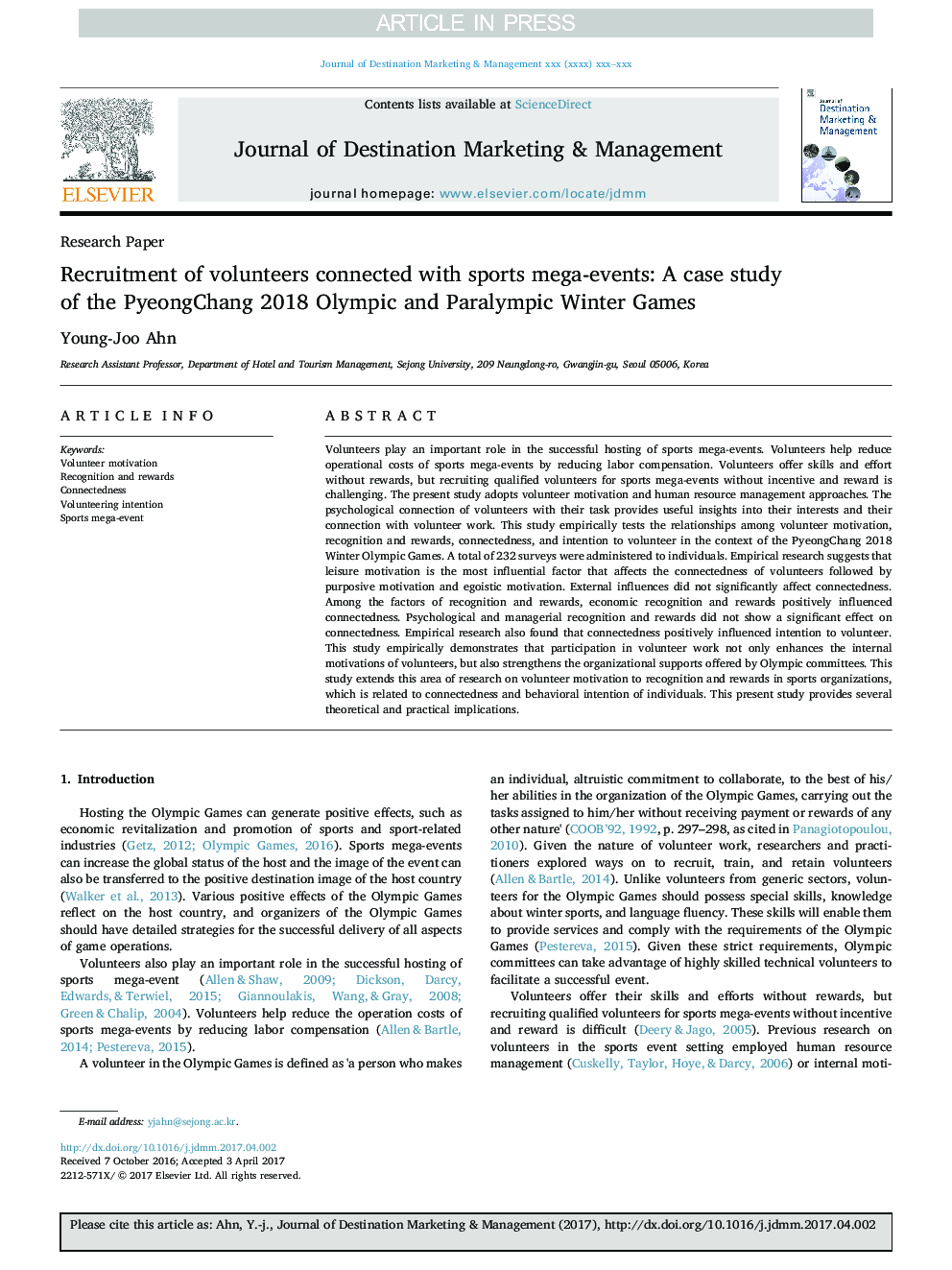 Recruitment of volunteers connected with sports mega-events: A case study of the PyeongChang 2018 Olympic and Paralympic Winter Games