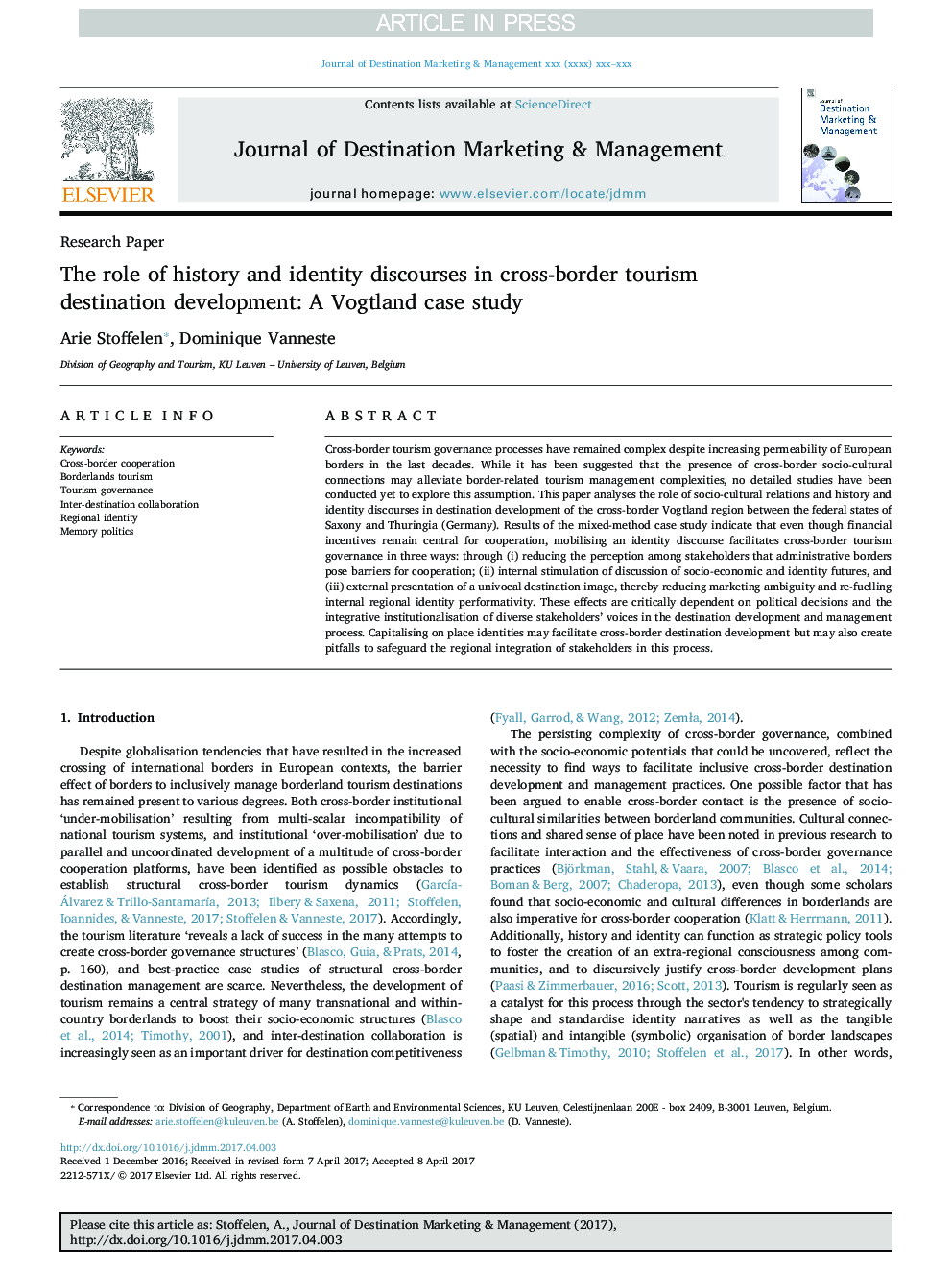 The role of history and identity discourses in cross-border tourism destination development: A Vogtland case study