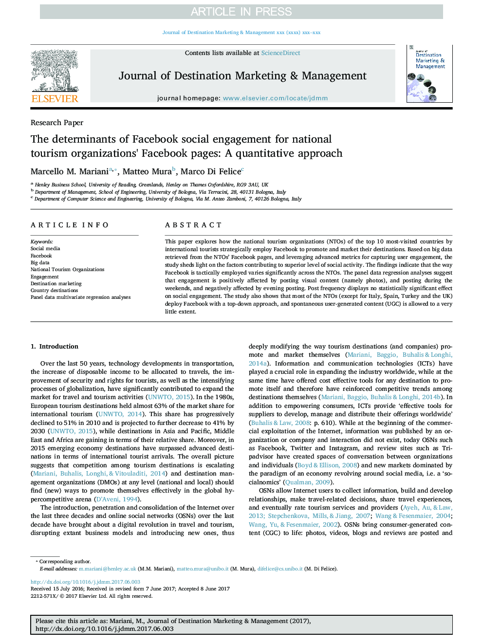 The determinants of Facebook social engagement for national tourismÂ organizations' Facebook pages: A quantitative approach