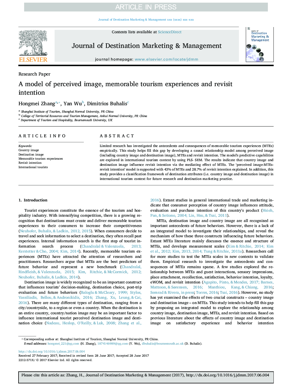 A model of perceived image, memorable tourism experiences and revisit intention