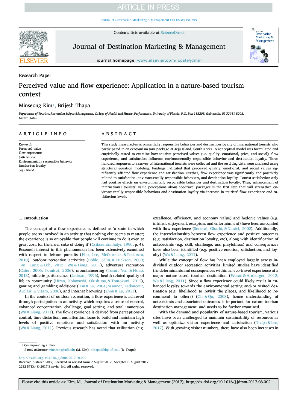 Perceived value and flow experience: Application in a nature-based tourism context