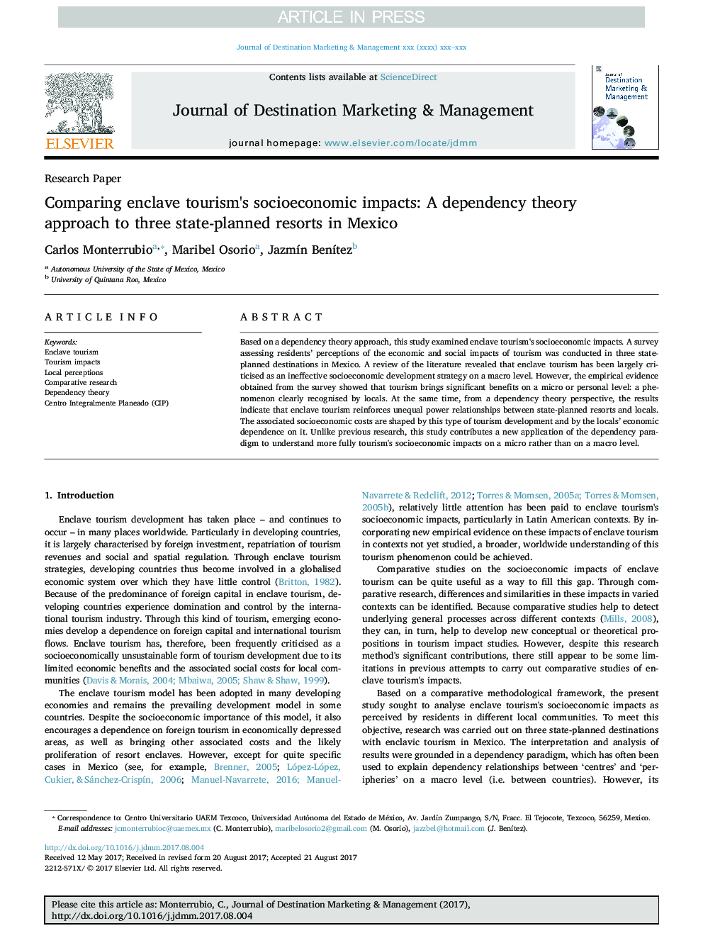 Comparing enclave tourism's socioeconomic impacts: A dependency theory approach to three state-planned resorts in Mexico