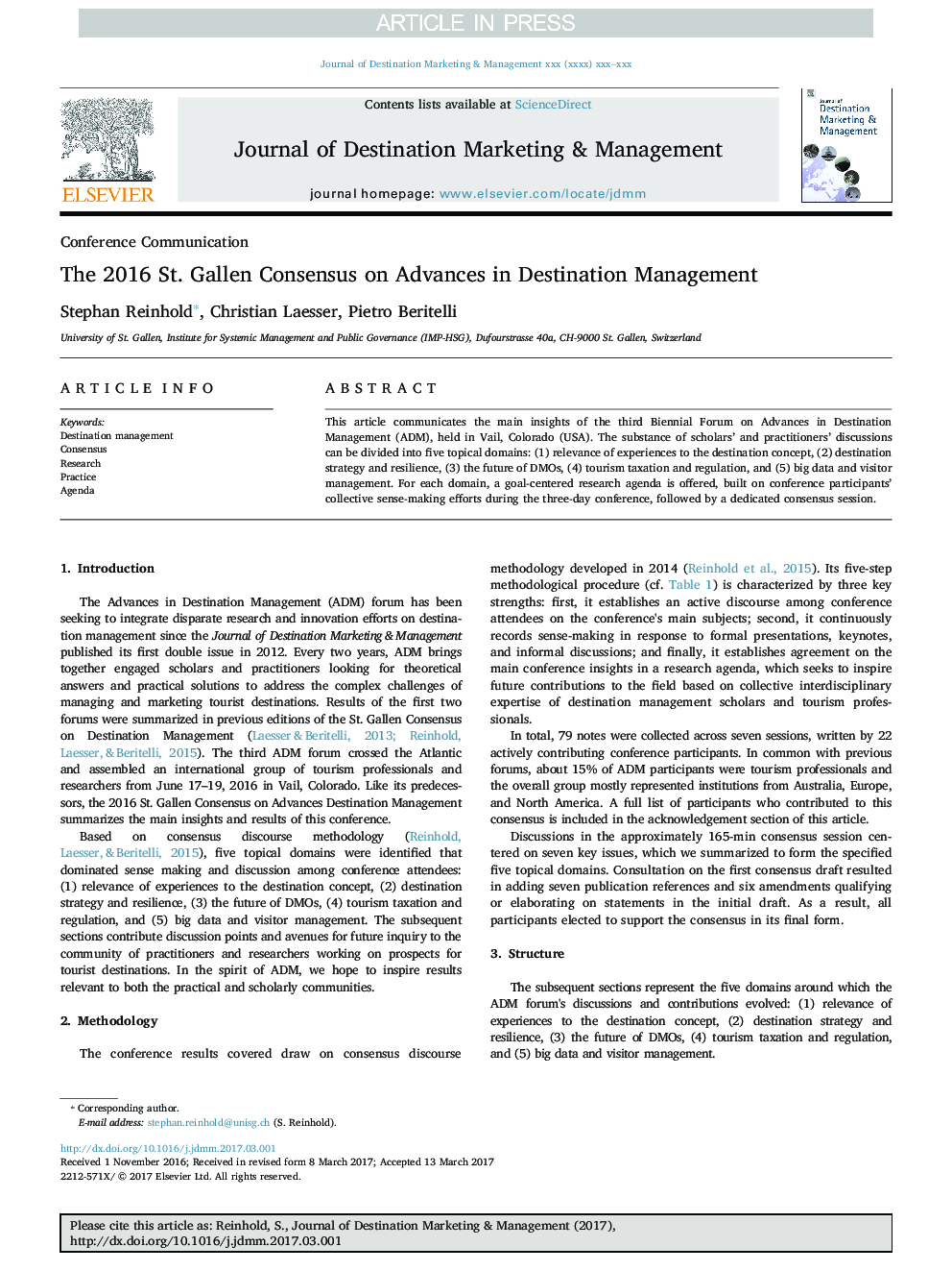 The 2016 St. Gallen Consensus on Advances in Destination Management