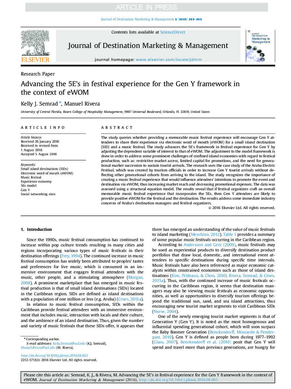 Advancing the 5E's in festival experience for the Gen Y framework in the context of eWOM