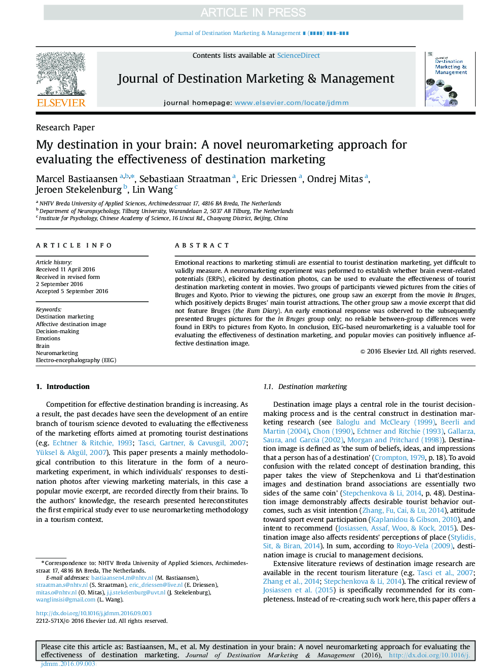 My destination in your brain: A novel neuromarketing approach for evaluating the effectiveness of destination marketing