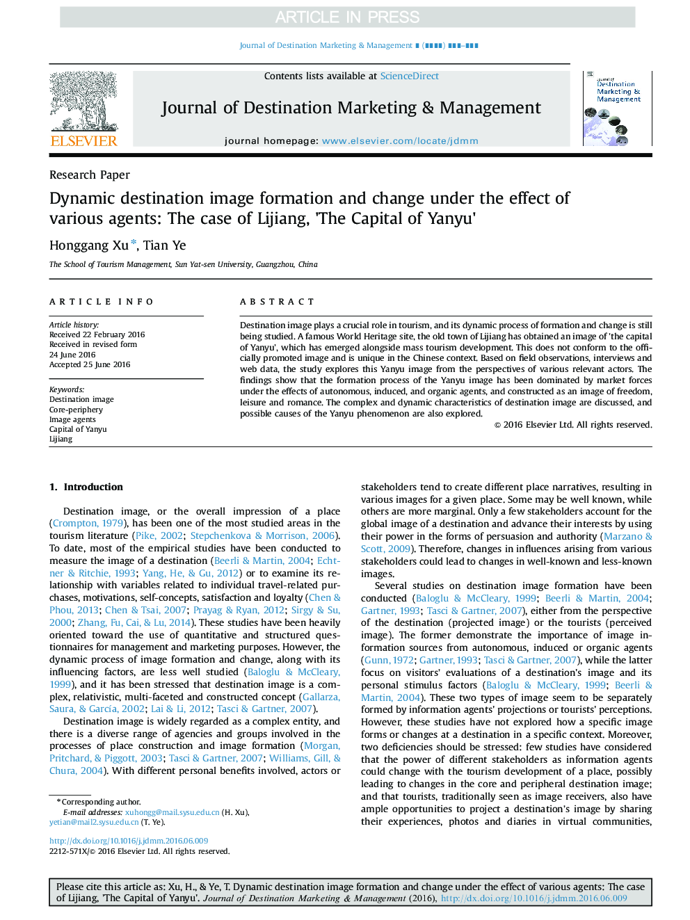 Dynamic destination image formation and change under the effect of various agents: The case of Lijiang, 'The Capital of Yanyu'