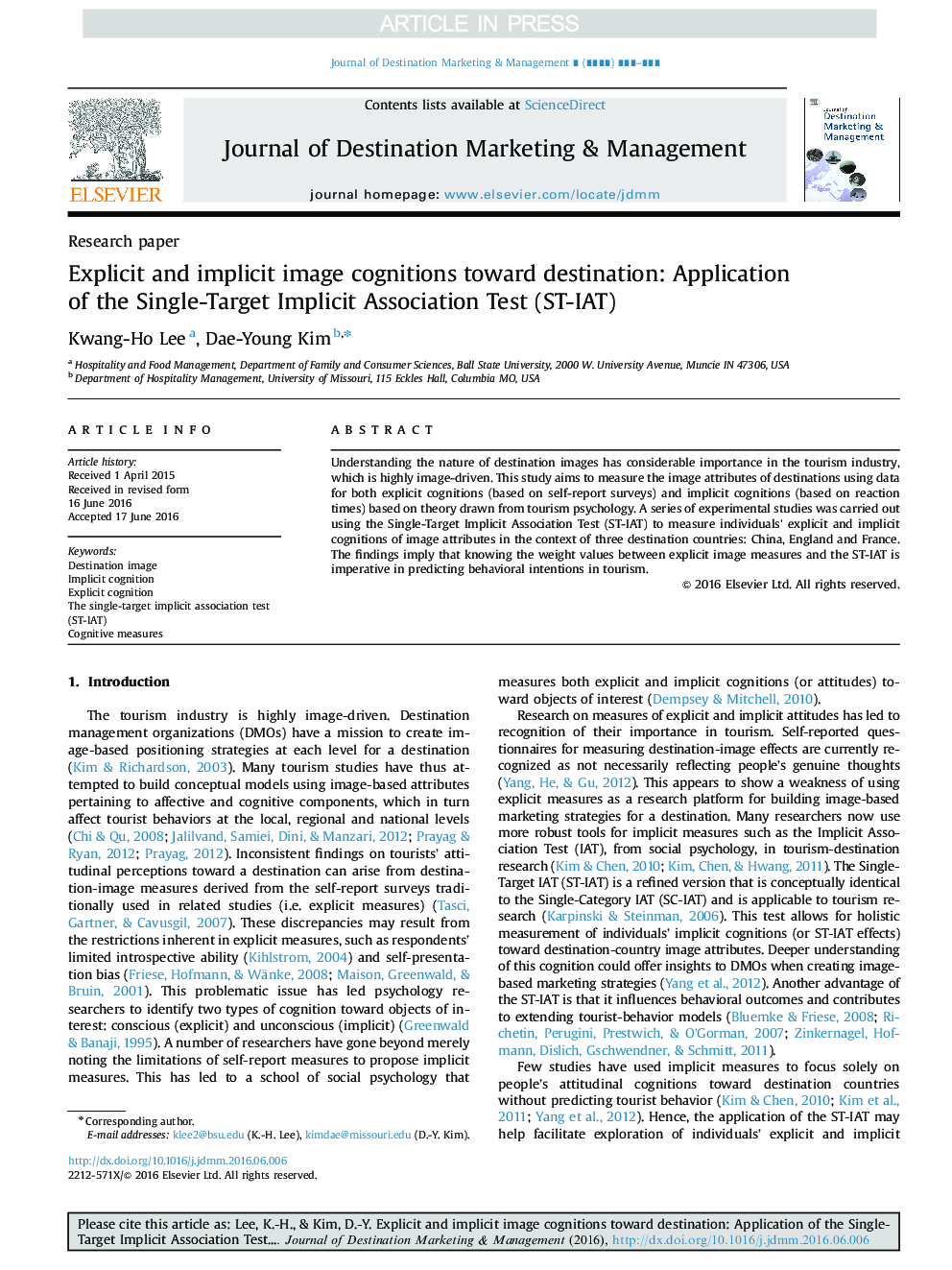 Explicit and implicit image cognitions toward destination: Application of the Single-Target Implicit Association Test (ST-IAT)