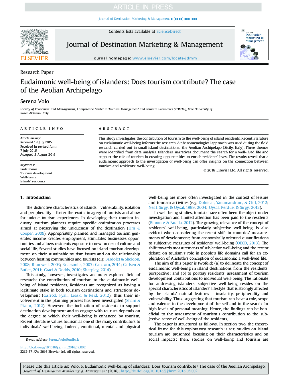 Eudaimonic well-being of islanders: Does tourism contribute? The case of the Aeolian Archipelago