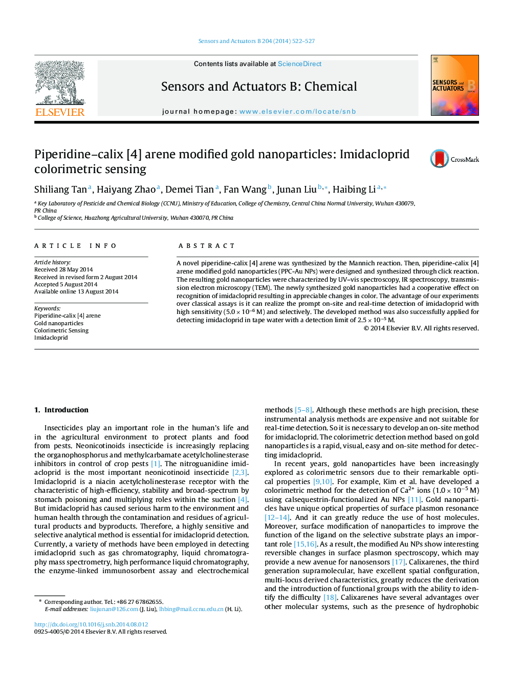 Piperidine–calix [4] arene modified gold nanoparticles: Imidacloprid colorimetric sensing