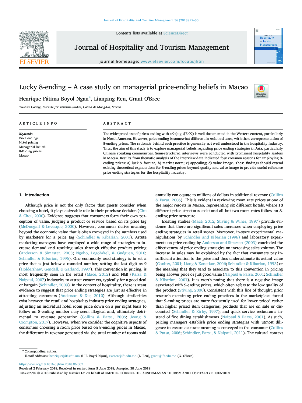 Lucky 8-ending - A case study on managerial price-ending beliefs in Macao