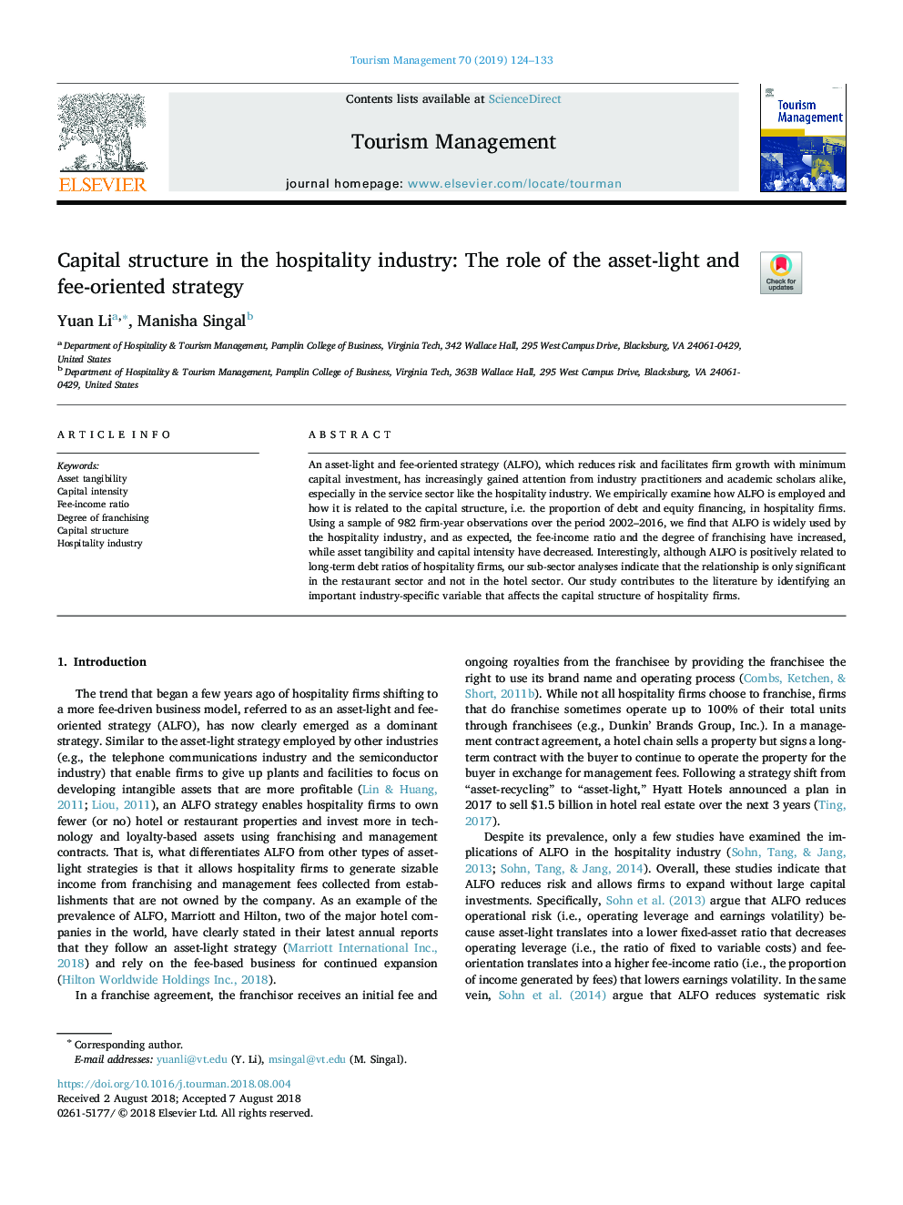 Capital structure in the hospitality industry: The role of the asset-light and fee-oriented strategy