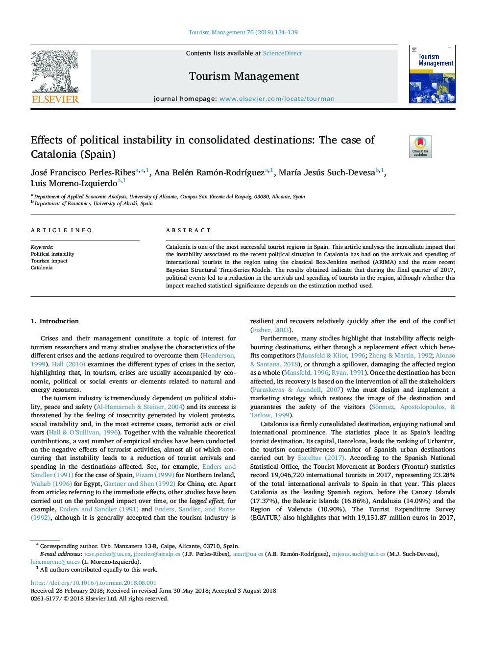 Effects of political instability in consolidated destinations: The case of Catalonia (Spain)