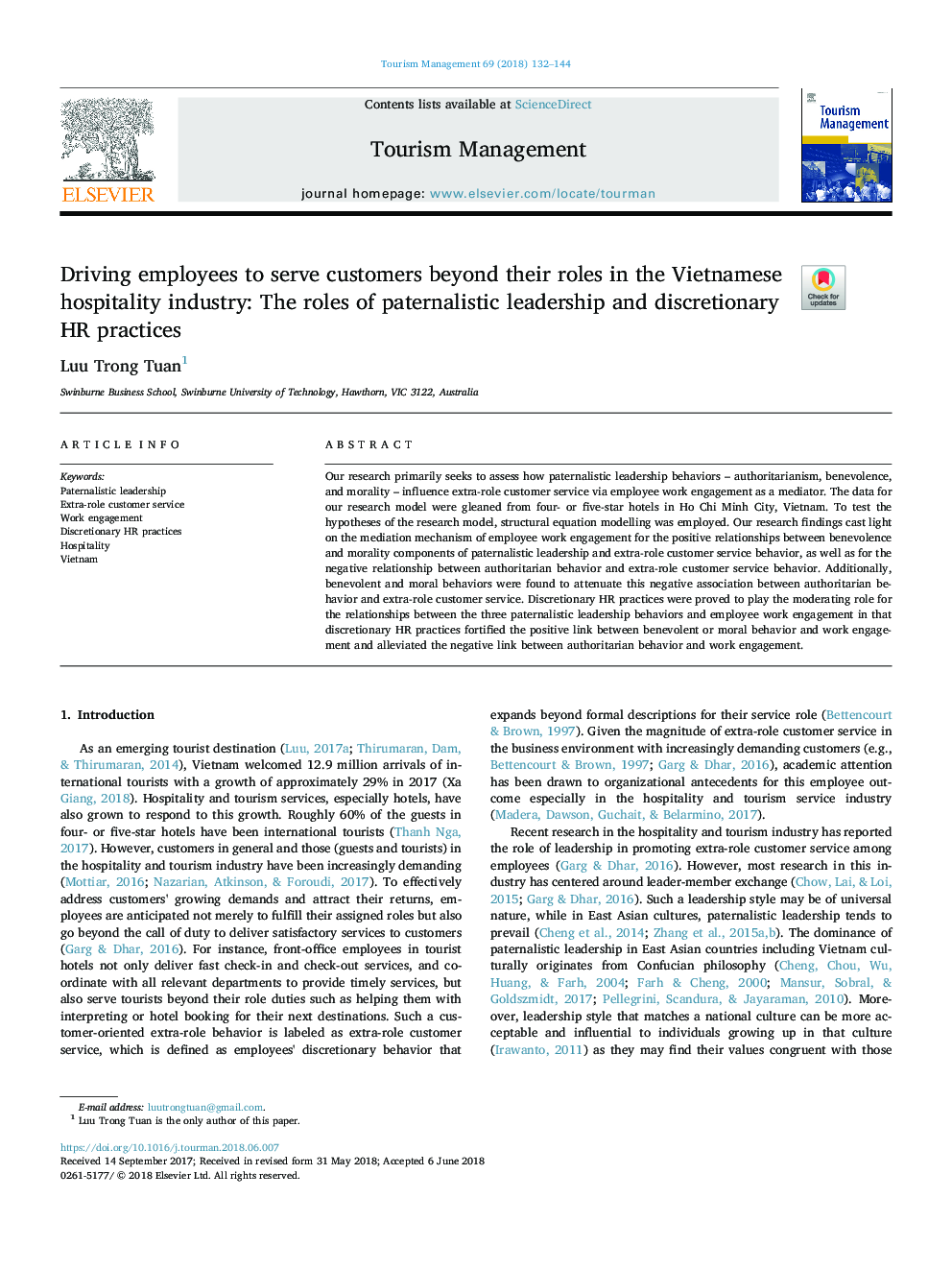 Driving employees to serve customers beyond their roles in the Vietnamese hospitality industry: The roles of paternalistic leadership and discretionary HR practices