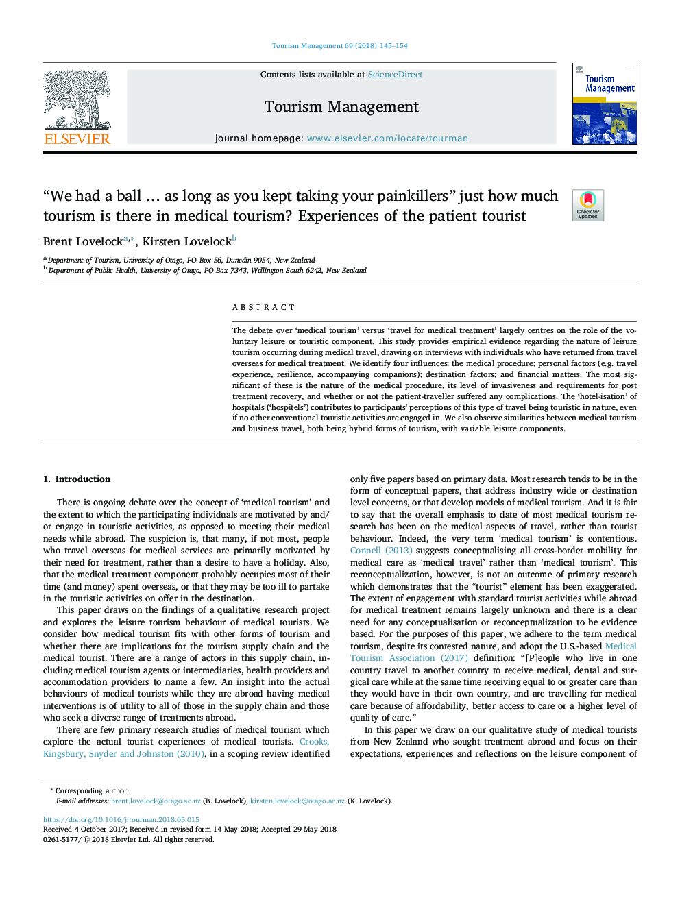 “We had a ball â¦ as long as you kept taking your painkillers” just how much tourism is there in medical tourism? Experiences of the patient tourist