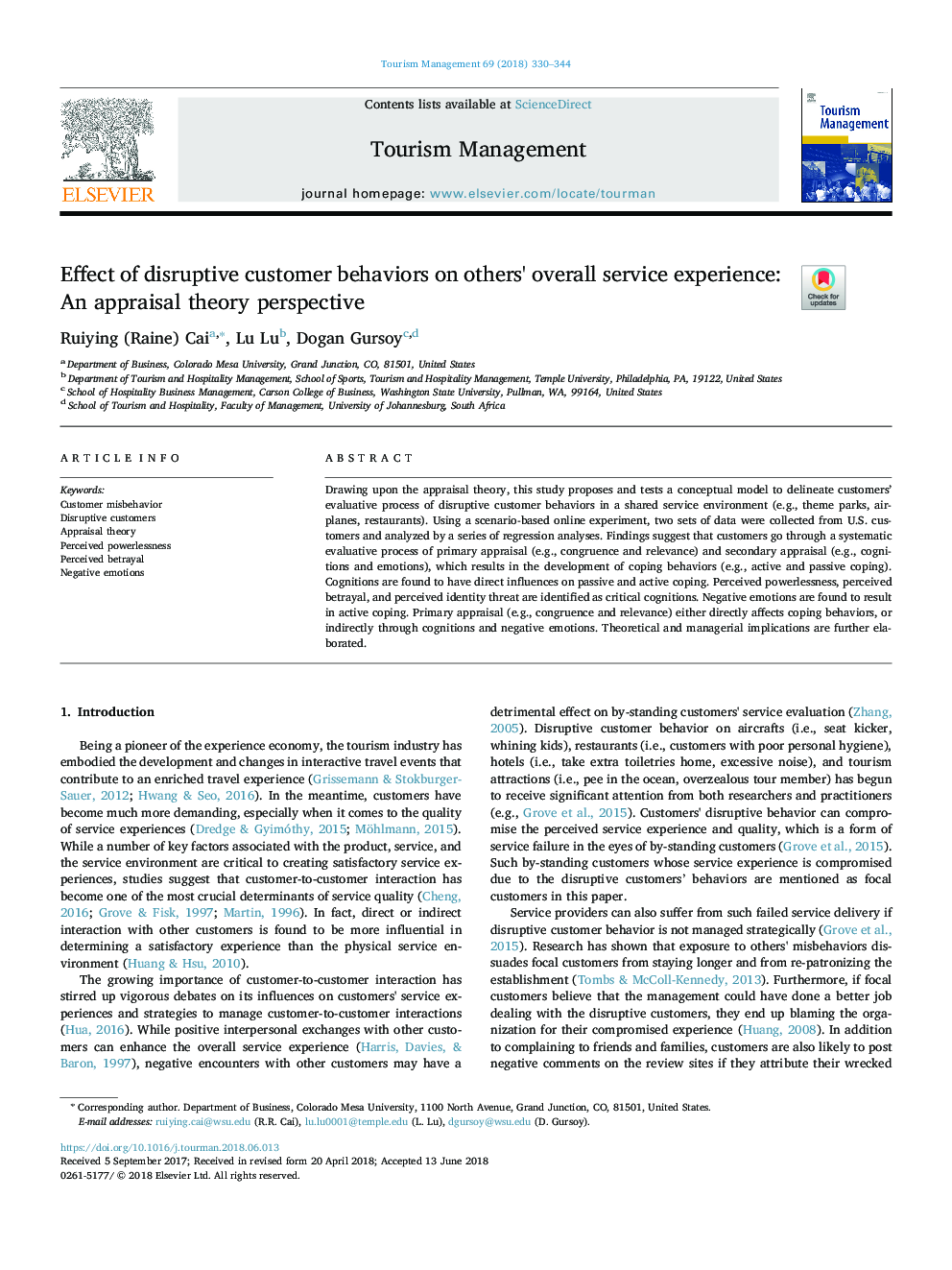 Effect of disruptive customer behaviors on others' overall service experience: An appraisal theory perspective