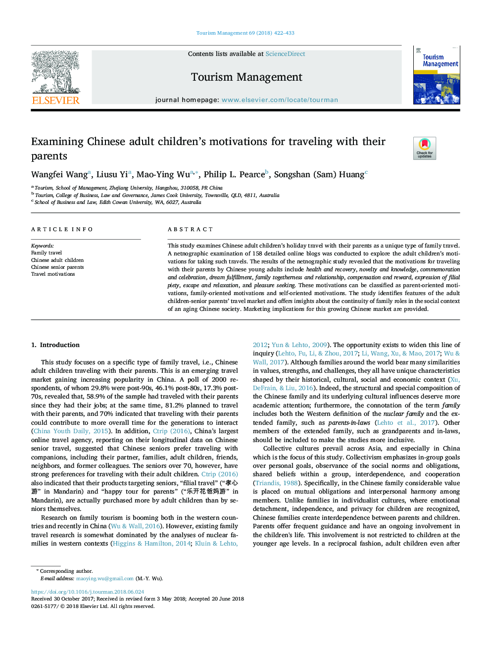 Examining Chinese adult children's motivations for traveling with their parents