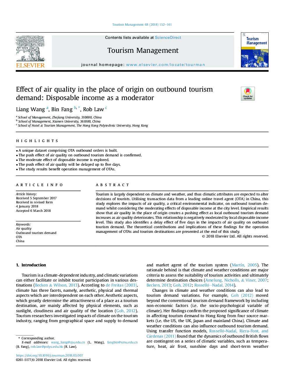 Effect of air quality in the place of origin on outbound tourism demand: Disposable income as a moderator