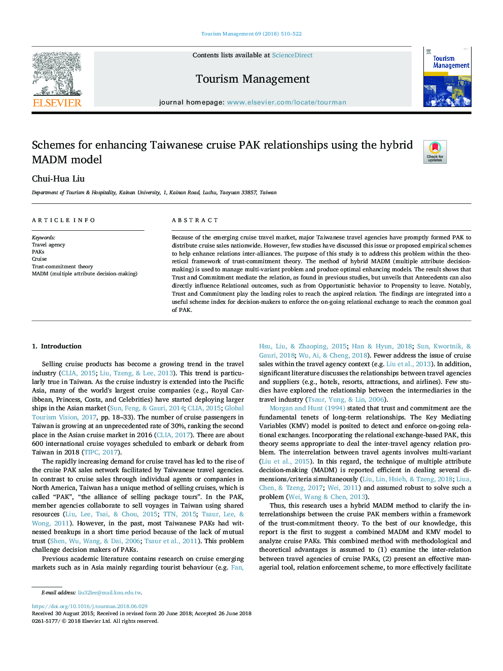 Schemes for enhancing Taiwanese cruise PAK relationships using the hybrid MADM model