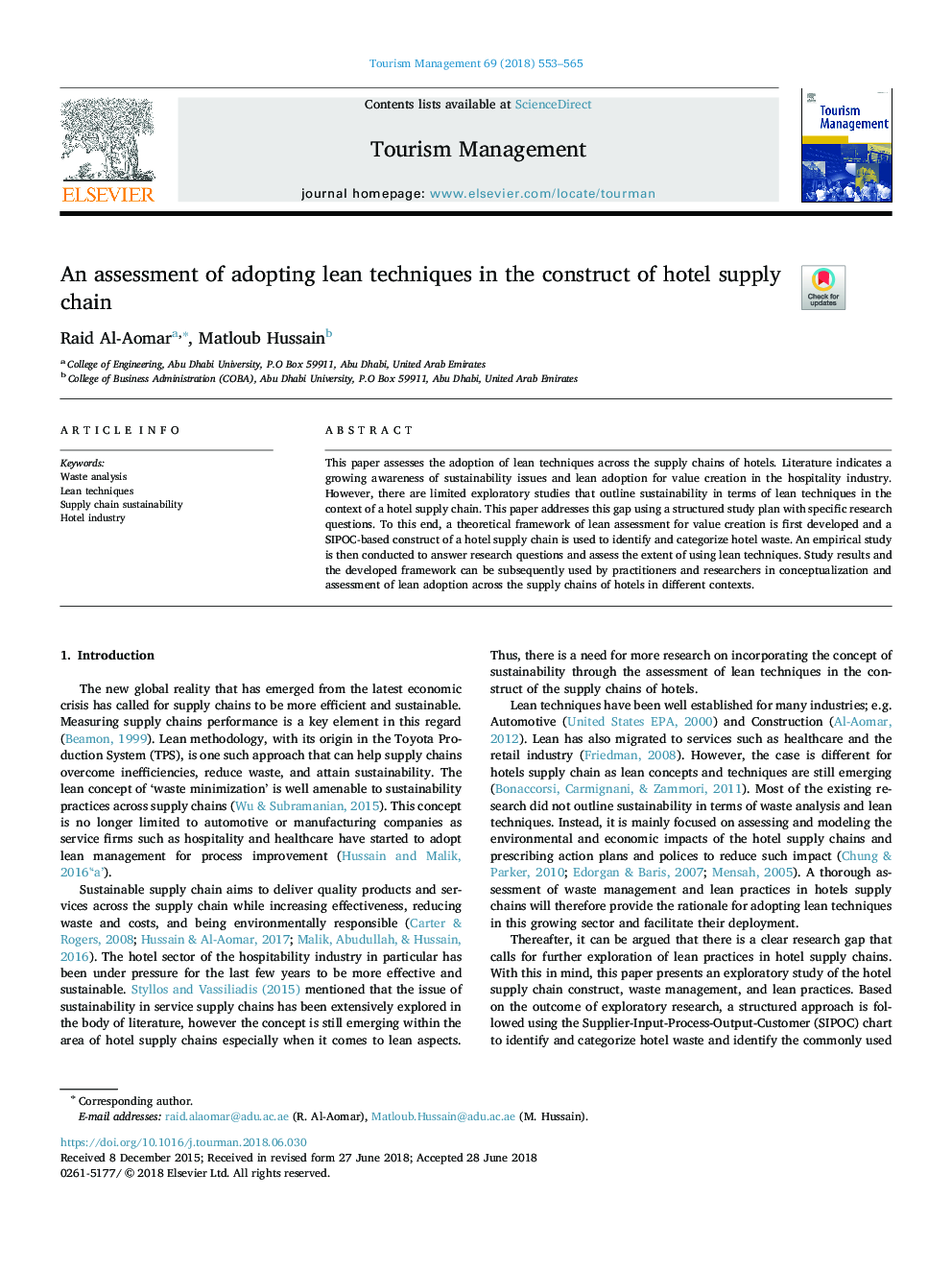 An assessment of adopting lean techniques in the construct of hotel supply chain