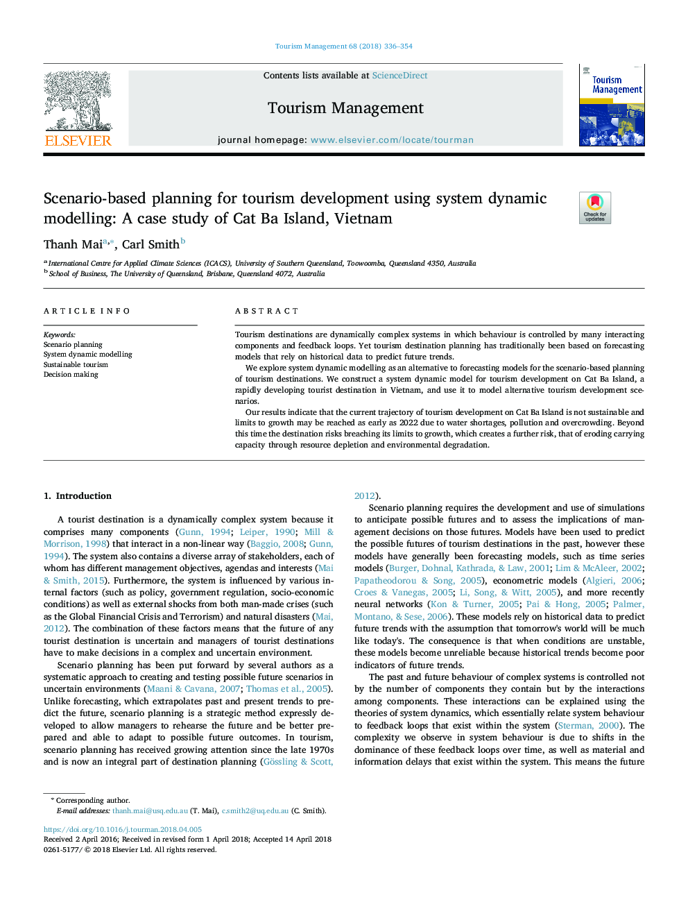 Scenario-based planning for tourism development using system dynamic modelling: A case study of Cat Ba Island, Vietnam