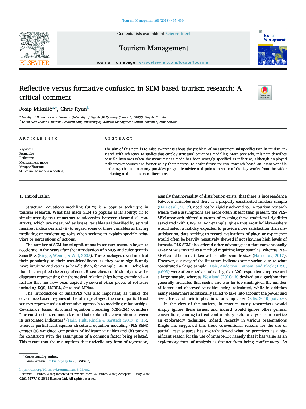 Reflective versus formative confusion in SEM based tourism research: A critical comment