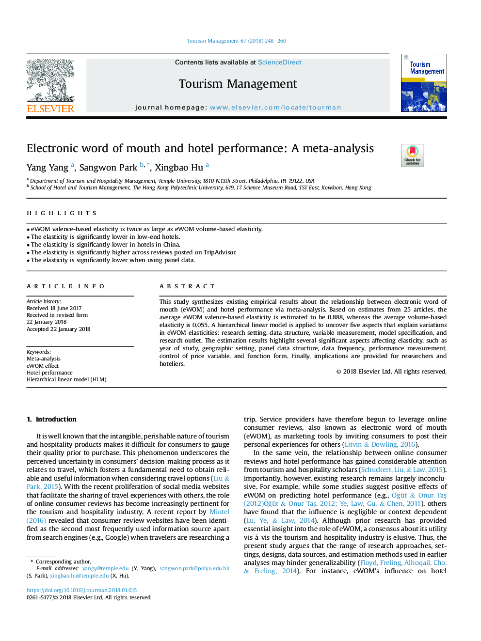 Electronic word of mouth and hotel performance: A meta-analysis