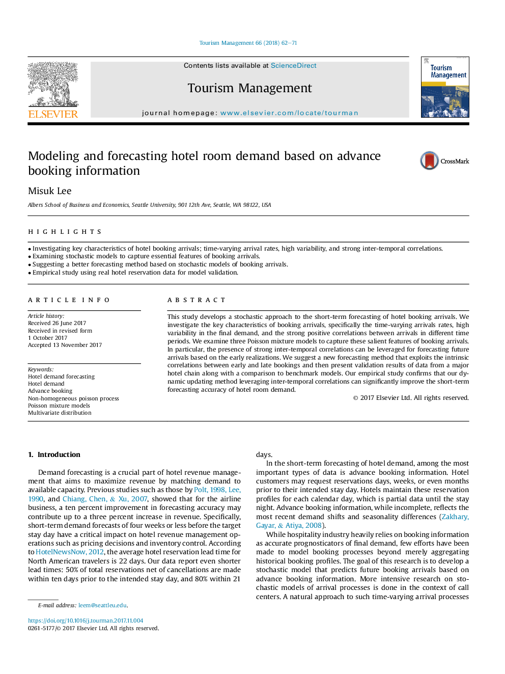 Modeling and forecasting hotel room demand based on advance booking information