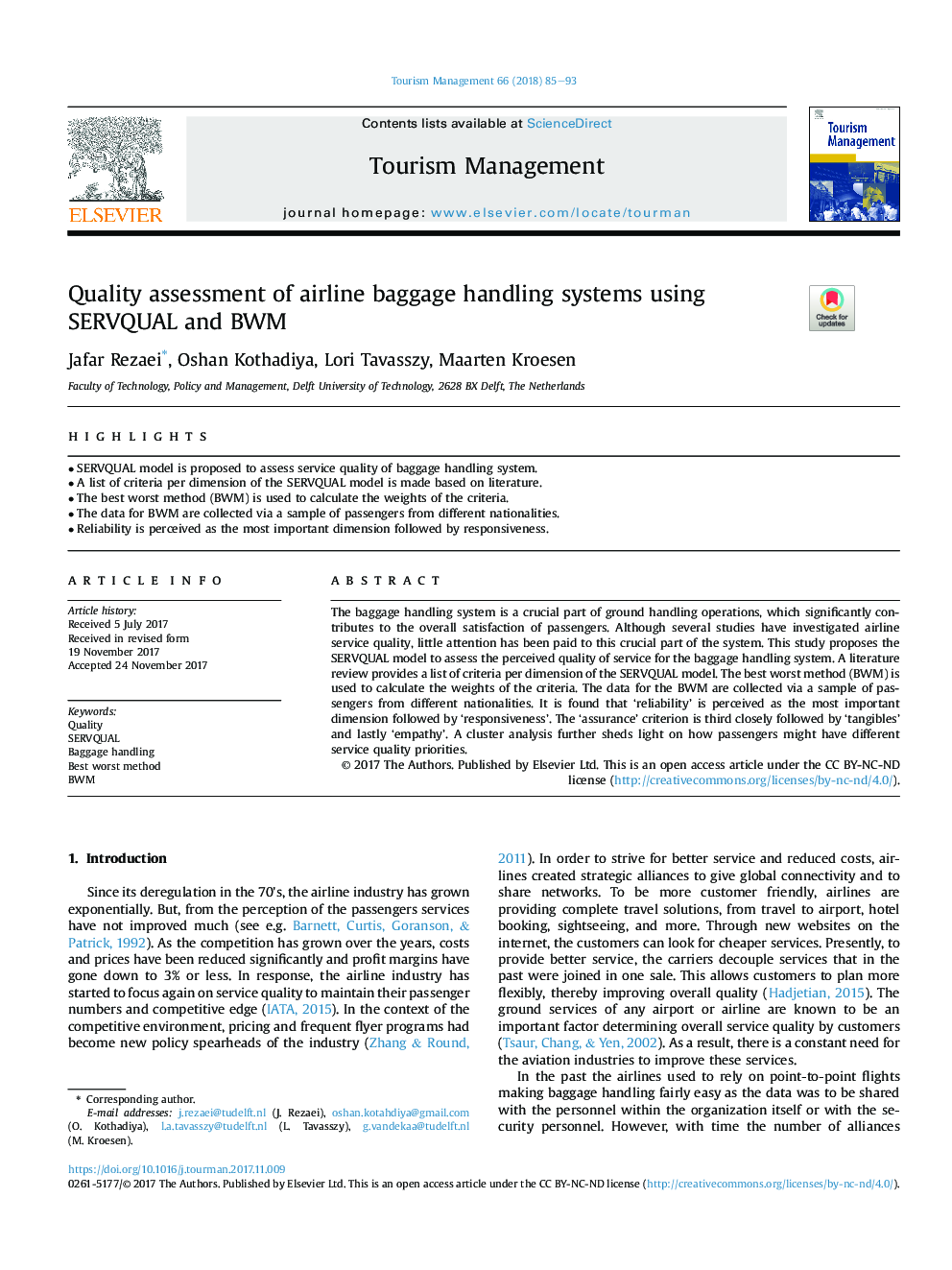 Quality assessment of airline baggage handling systems using SERVQUAL and BWM