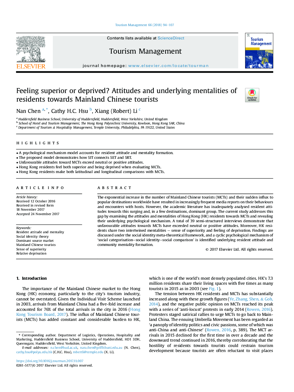 Feeling superior or deprived? Attitudes and underlying mentalities of residents towards Mainland Chinese tourists