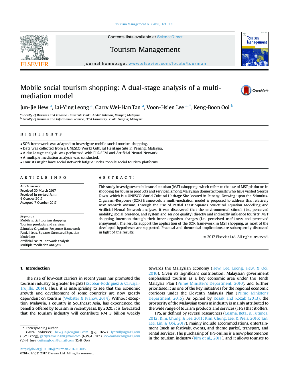 Mobile social tourism shopping: A dual-stage analysis of a multi-mediation model