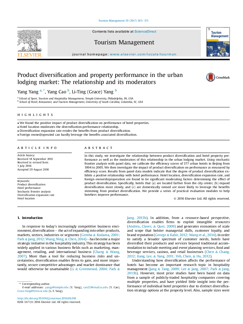 Product diversification and property performance in the urban lodging market: The relationship and its moderators