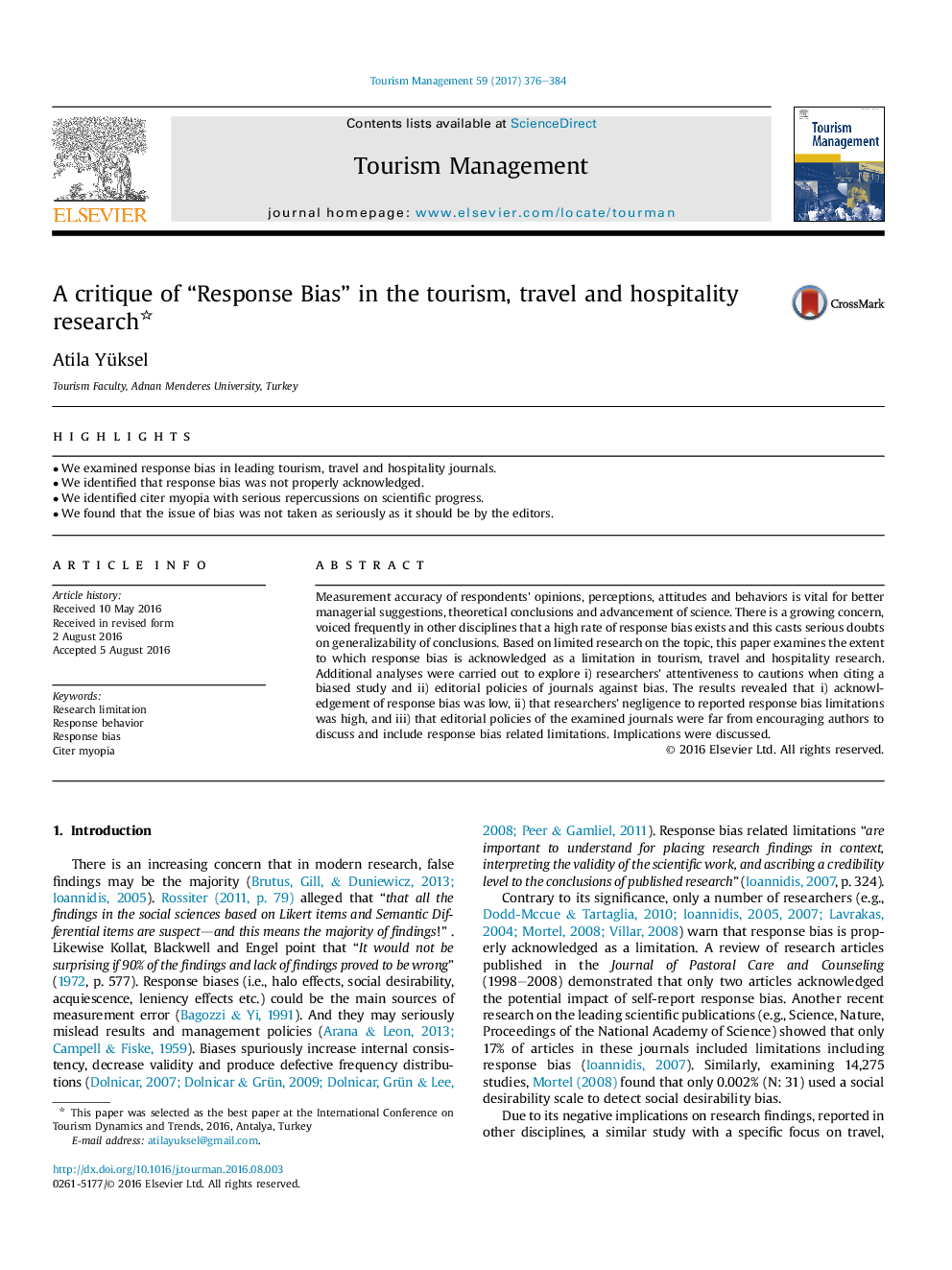 A critique of “Response Bias” in the tourism, travel and hospitality research