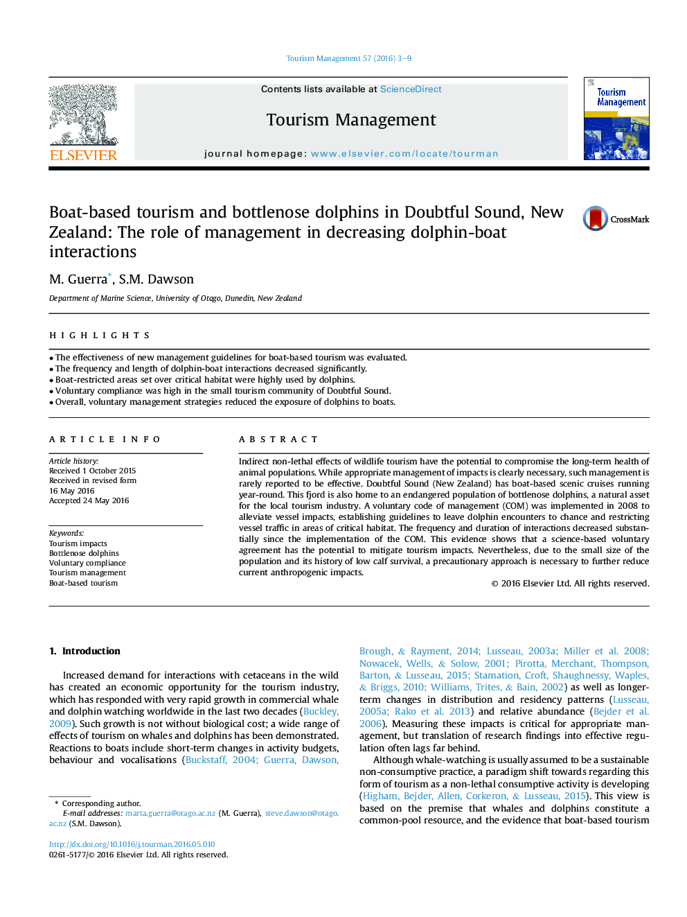 Boat-based tourism and bottlenose dolphins in Doubtful Sound, New Zealand: The role of management in decreasing dolphin-boat interactions