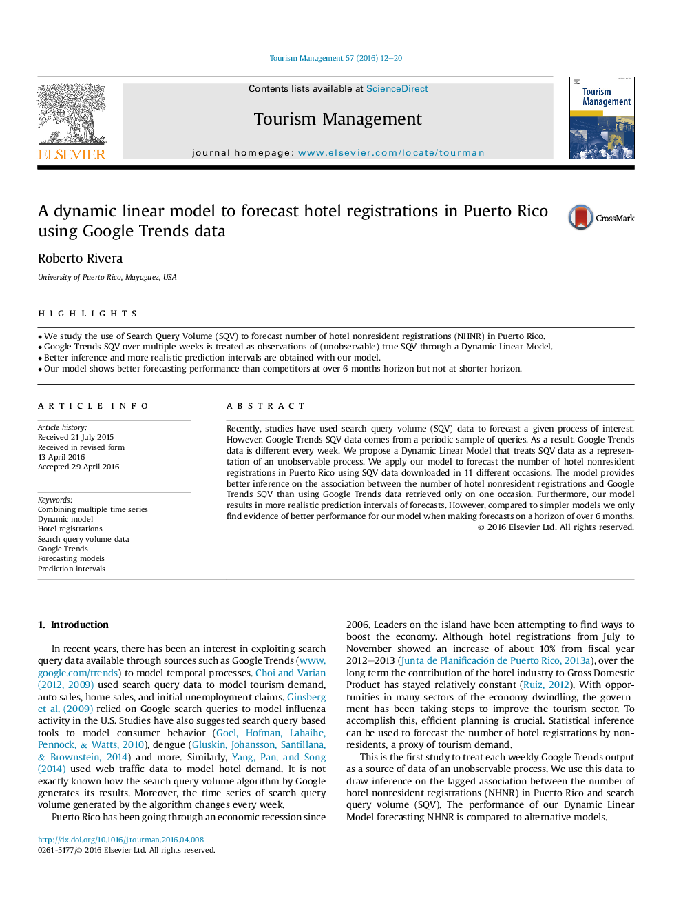 A dynamic linear model to forecast hotel registrations in Puerto Rico using Google Trends data