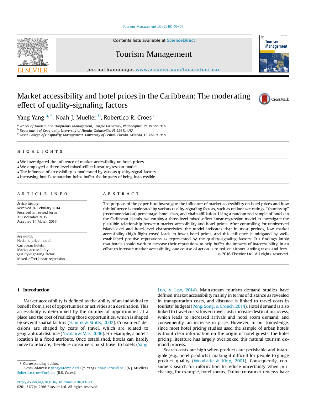 Market accessibility and hotel prices in the Caribbean: The moderating effect of quality-signaling factors