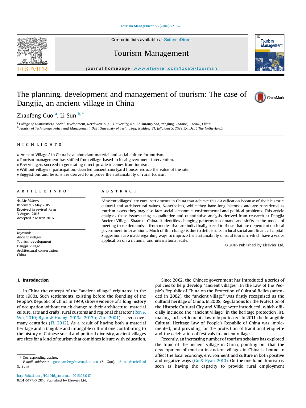 The planning, development and management of tourism: The case of Dangjia, an ancient village in China