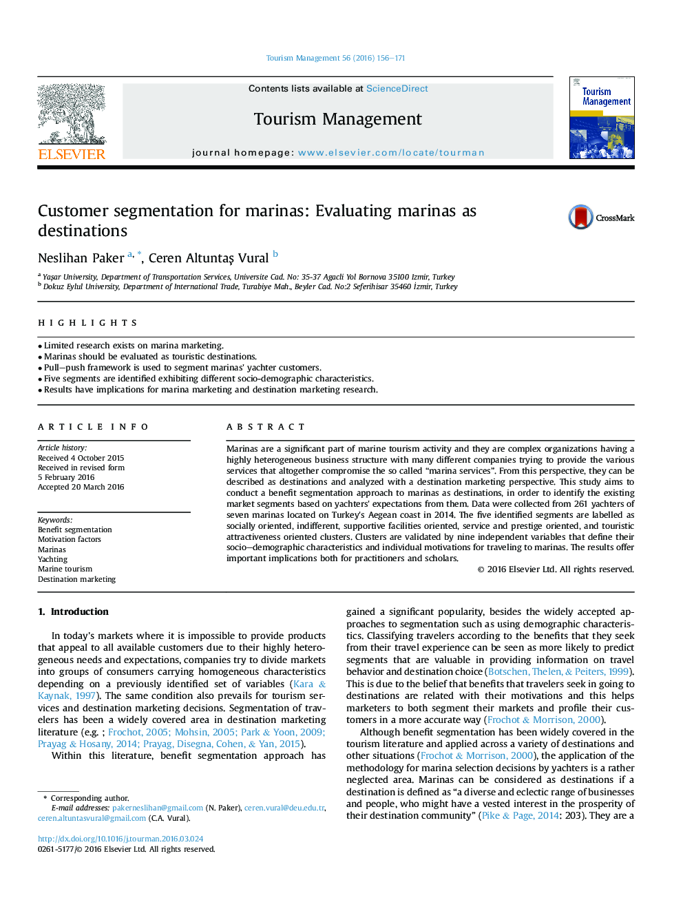 Customer segmentation for marinas: Evaluating marinas as destinations