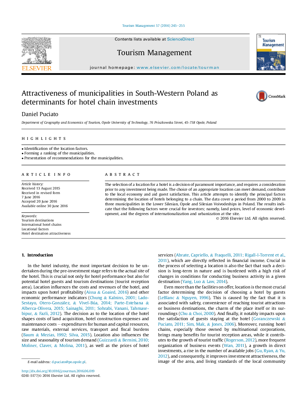 Attractiveness of municipalities in South-Western Poland as determinants for hotel chain investments