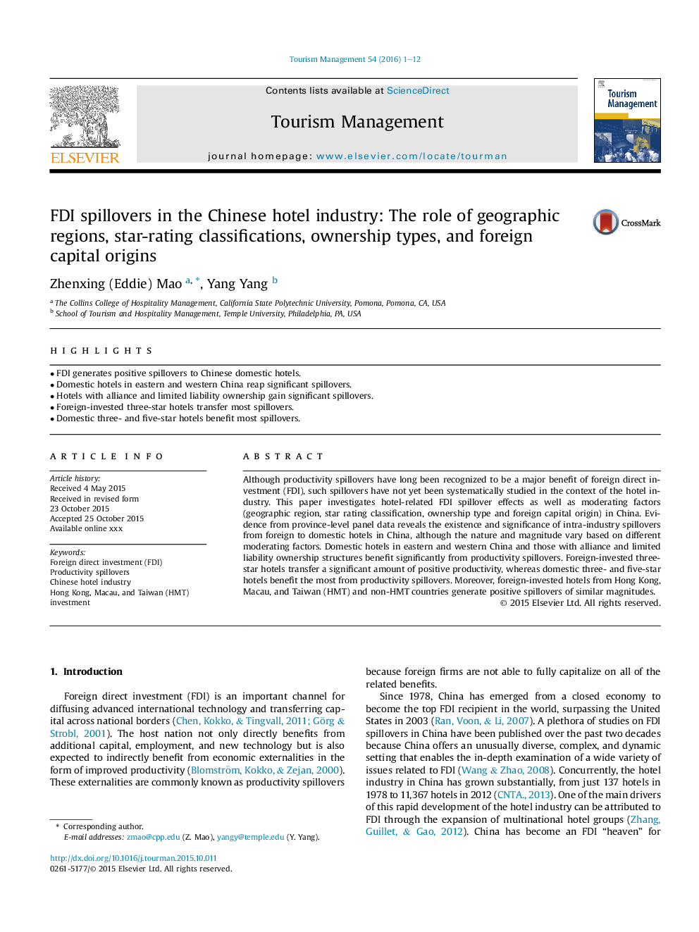 FDI spillovers in the Chinese hotel industry: The role of geographic regions, star-rating classifications, ownership types, and foreign capital origins