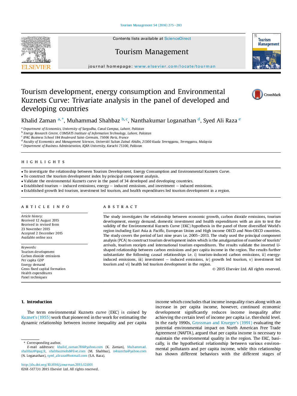 Tourism development, energy consumption and Environmental Kuznets Curve: Trivariate analysis in the panel of developed and developing countries