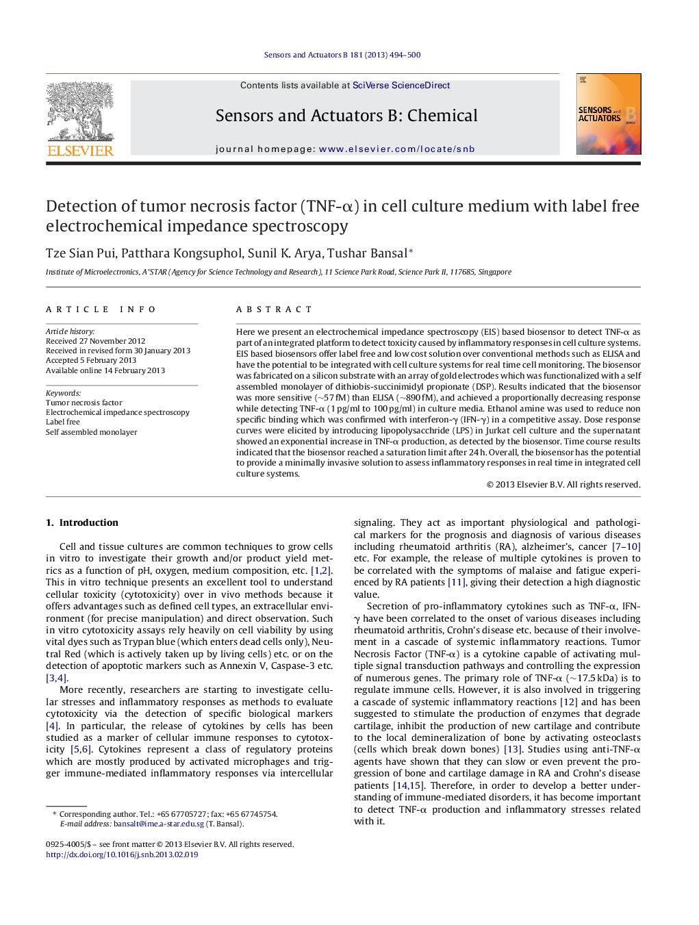 Detection of tumor necrosis factor (TNF-α) in cell culture medium with label free electrochemical impedance spectroscopy