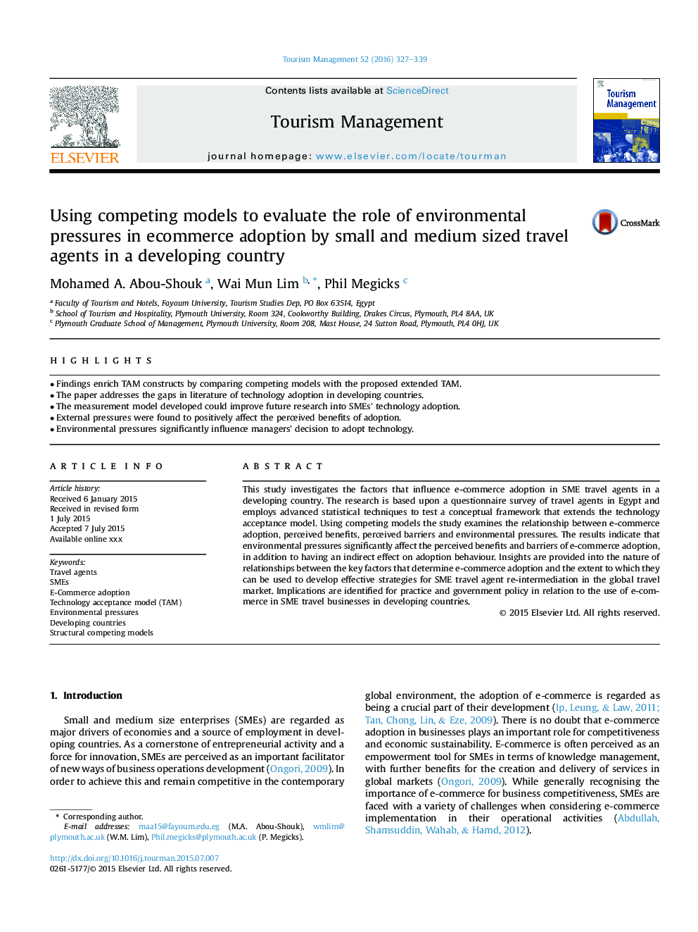 Using competing models to evaluate the role of environmental pressures in ecommerce adoption by small and medium sized travel agents in a developing country