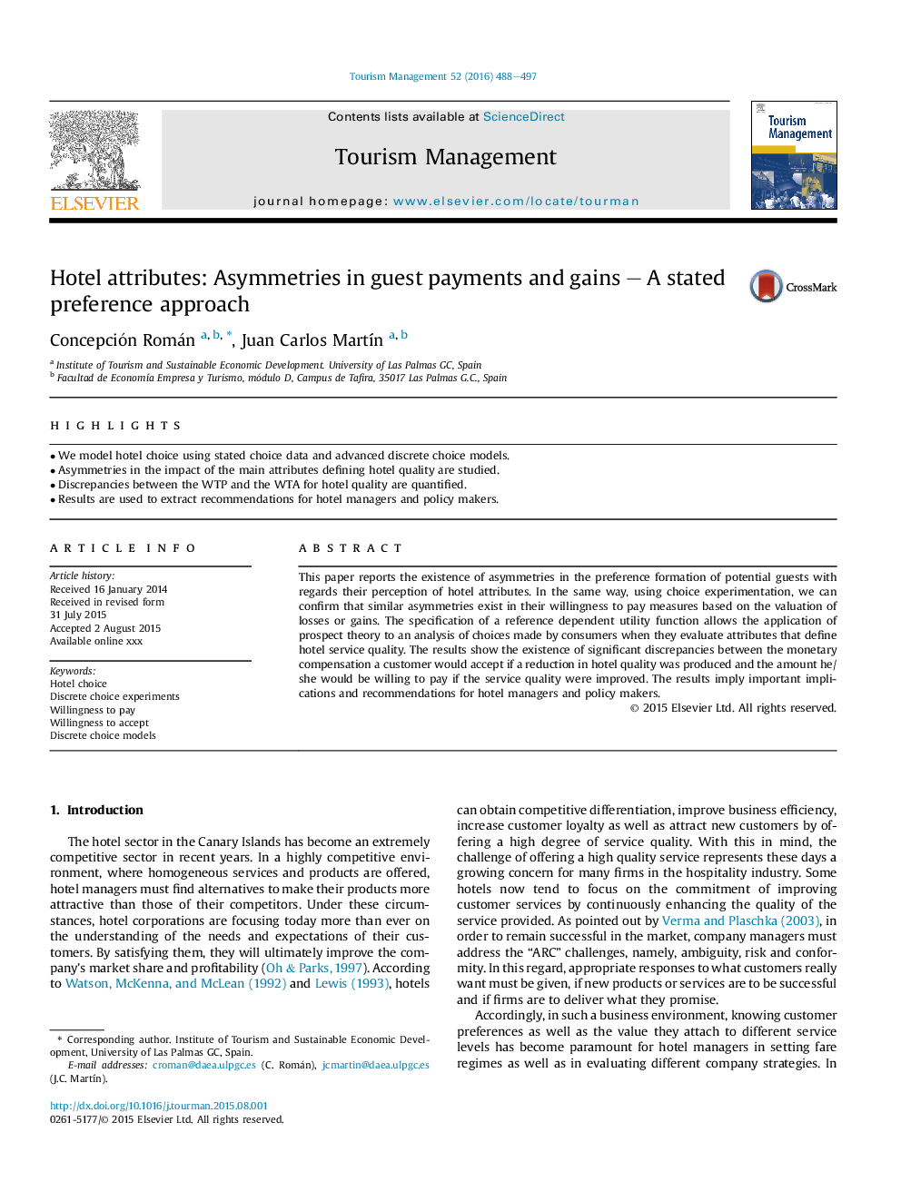 Hotel attributes: Asymmetries in guest payments and gains - A stated preference approach