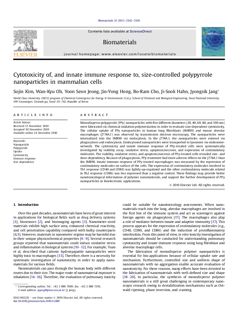 Cytotoxicity of, and innate immune response to, size-controlled polypyrrole nanoparticles in mammalian cells